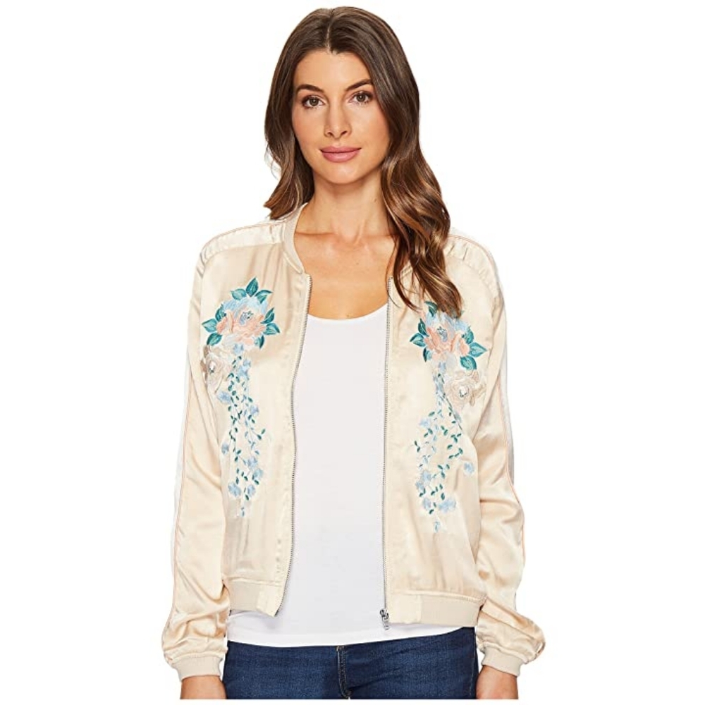Blank NYC Cream Satin Bomber Jacket with Blue Floral Embroidery